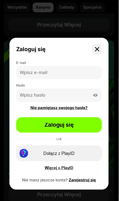 Okno logowania Spinit Casino - formularz email i hasło
